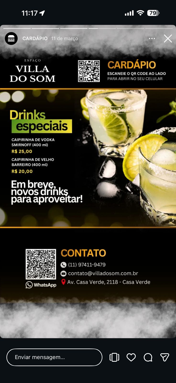 Caipirinhas Villa do Som geladas com limão
